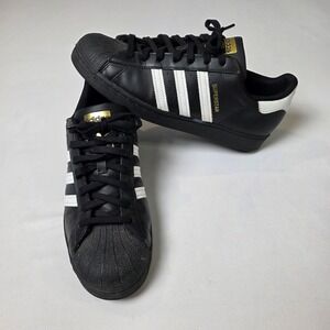 Adidas Superstar Mens 11.5 Black White Gold Shell Toe Sneakers EG4959